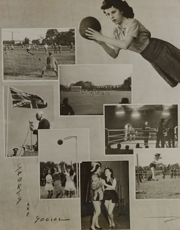 A collage composed of various black and white photographs depicting different sports and social activities. One image shows a woman with a vintage hairstyle holding a ball, another captures a soccer match with players on a field. A photograph of boxers in a ring with an audience watching is included, alongside pictures of women playing netball and a high jump event. Additionally, there is a candid moment of two women in conversation and a man speaking into a microphone next to a flag.