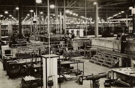 grayscale photo of industrial machine