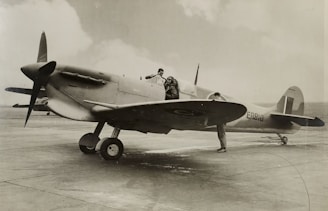 A vintage military aircraft is stationed on an airfield. Two people are interacting with the plane; one is sitting inside the cockpit while the other is standing on the ground, close to the aircraft. The plane is a single-propeller type, with distinctive markings and numbers visible on the fuselage.