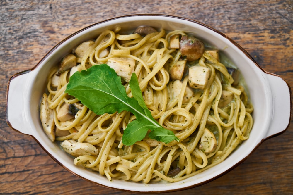 pasta dish on white ceramic bowl