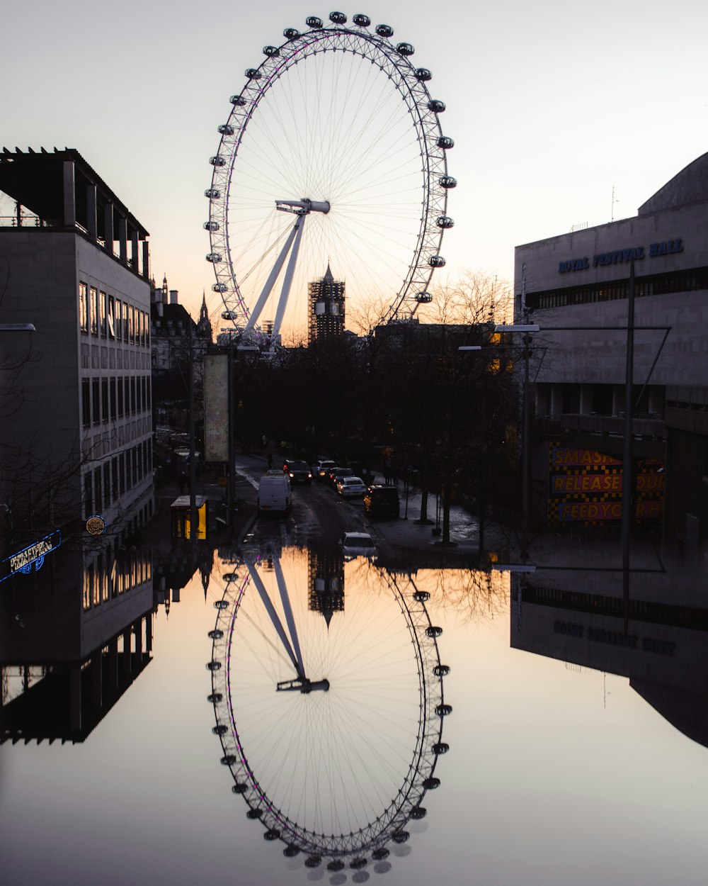 ferris wheel near buildings and body of water during daytime