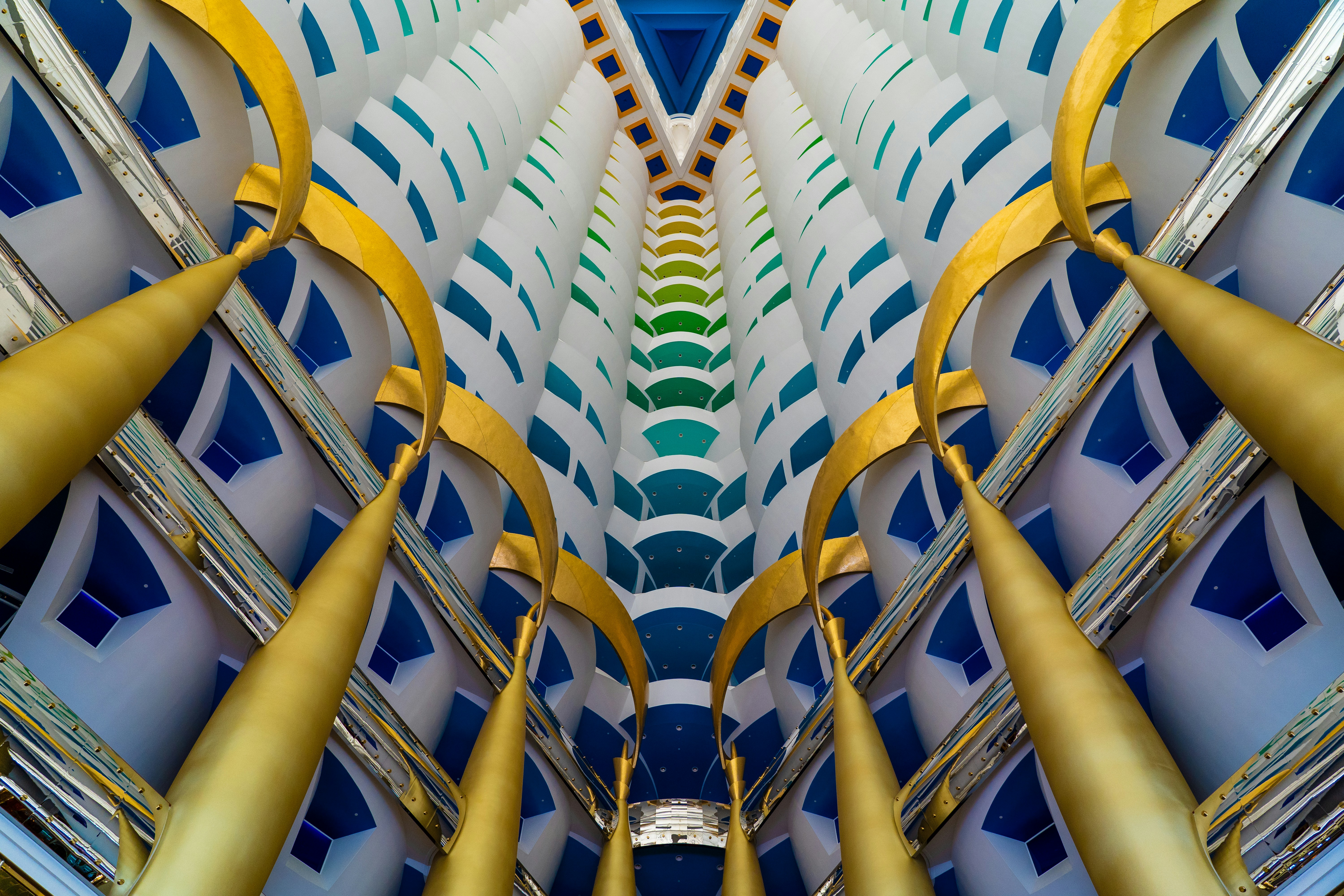 gold and silver steel frame, The ceiling of the lobby in the world famous Burj Al Arab hotel.  The world