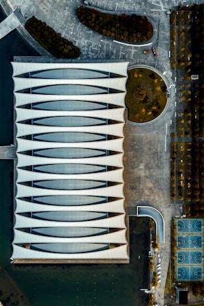 An aerial view of a modern architectural building with a unique, wavy roof design surrounded by an urban landscape. The structure is adjacent to a body of water, with landscaped areas and a series of basketball courts visible nearby. The area features various geometric patterns and sections of greenery.