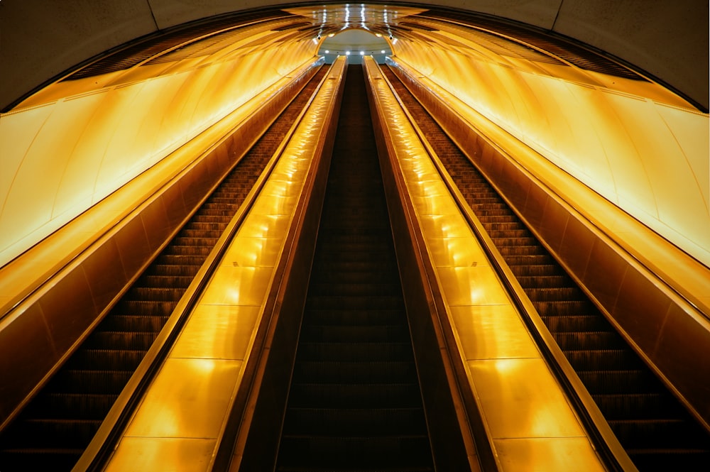 brown and black escalator in a tunnel