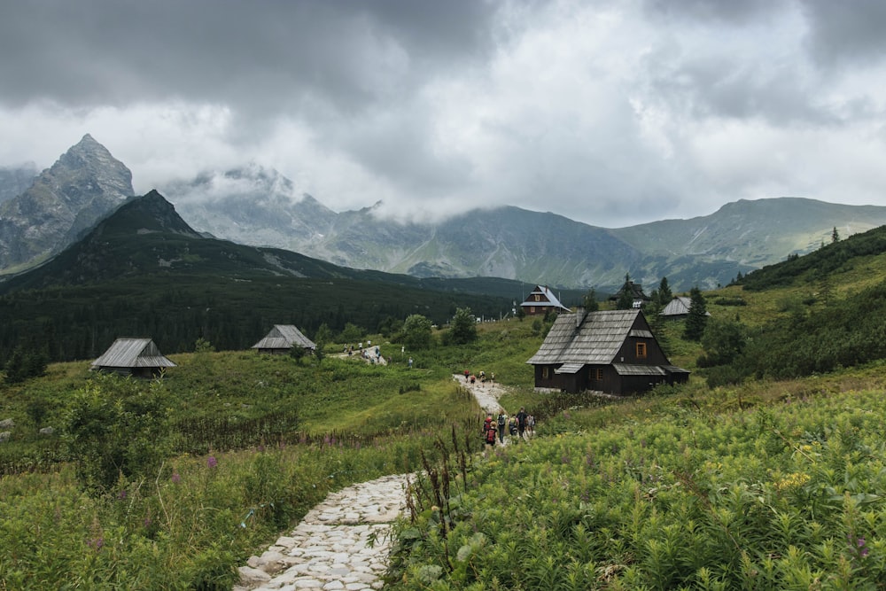 brown wooden house on green grass field near mountain under white clouds during daytime