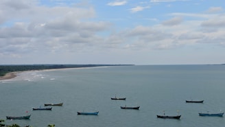 A serene coastal view with fishing boats at sunrise.