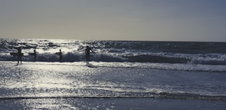 Silhouetted surfers stand with their boards at the edge of the ocean, with waves crashing around them and the sun reflecting off the water's surface.