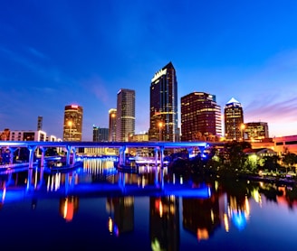 city skyline across body of water during night time