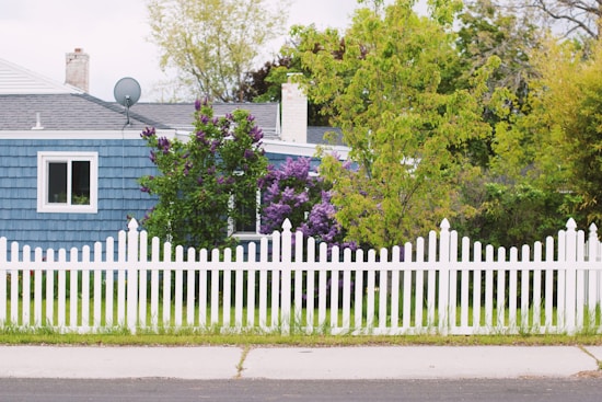 A charming suburban scene featuring a blue house partially obscured by lush green trees and blooming purple flowers. A white picket fence runs across the front, with a grey roof and a satellite dish visible on the house.