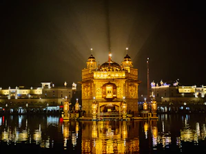 Golden temple architecture glowing warmly at sunset, reflecting the rich cultural heritage taught at Sri Thepa School.