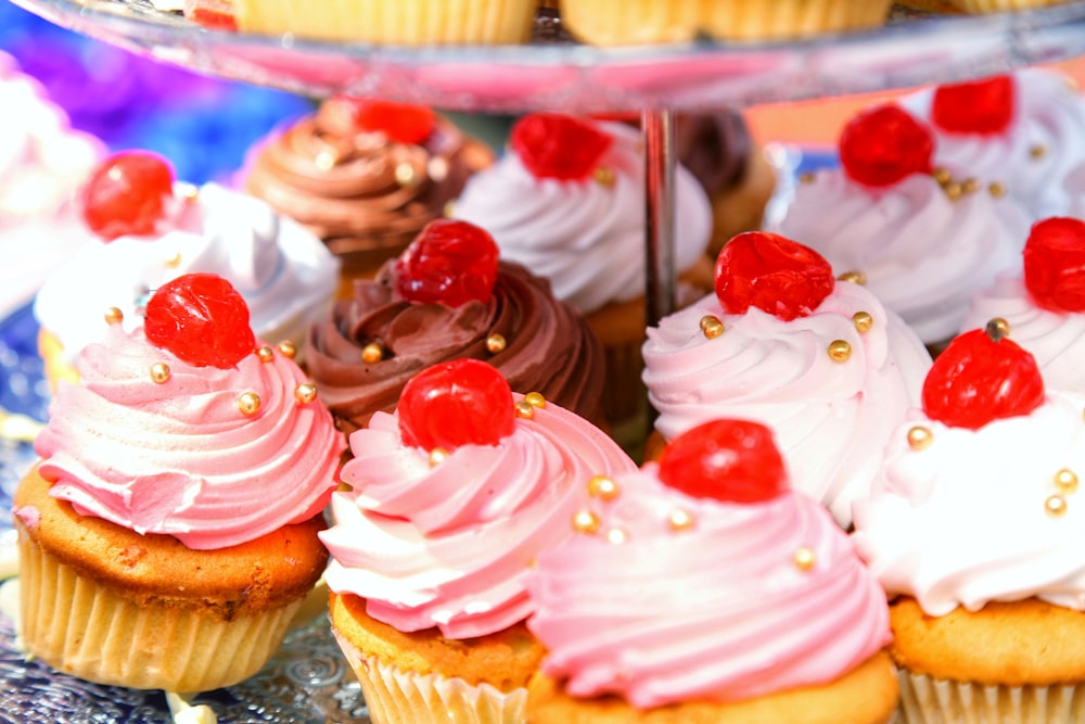 cupcakes with white icing and pink icing on top