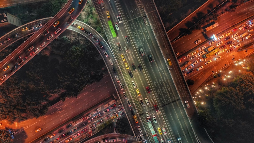 high angle view of city buildings during night time