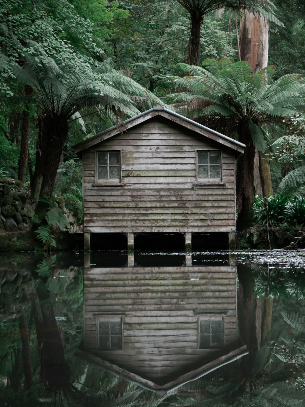 brown wooden house on lake