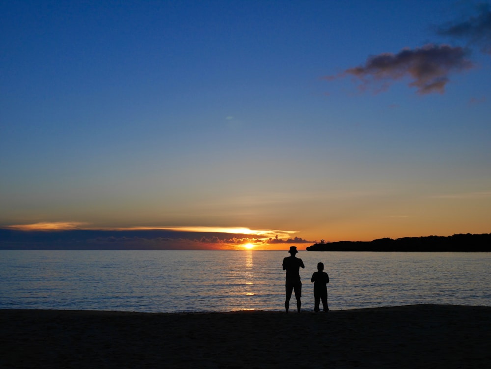 silhouette of 2 people standing on seashore during sunset