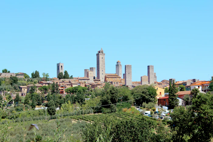 The medieval towers of San Gimignano rising above terracotta rooftops