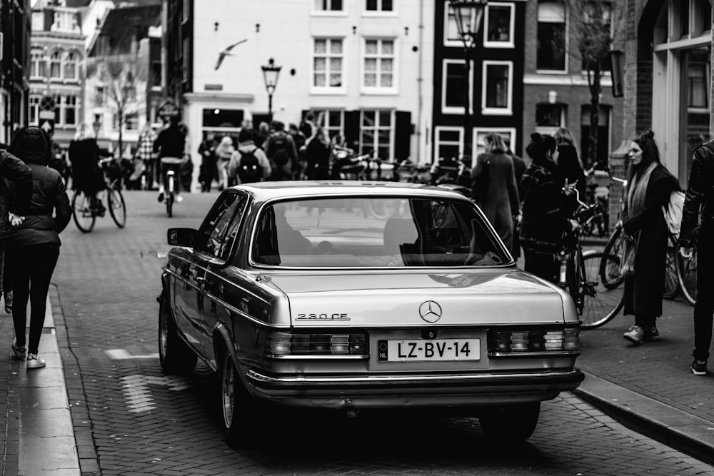 grayscale photo of mercedes benz car