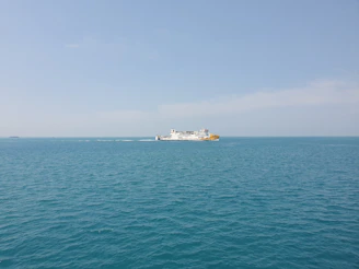 A vibrant ferry sailing across a calm blue sea under a clear sky.