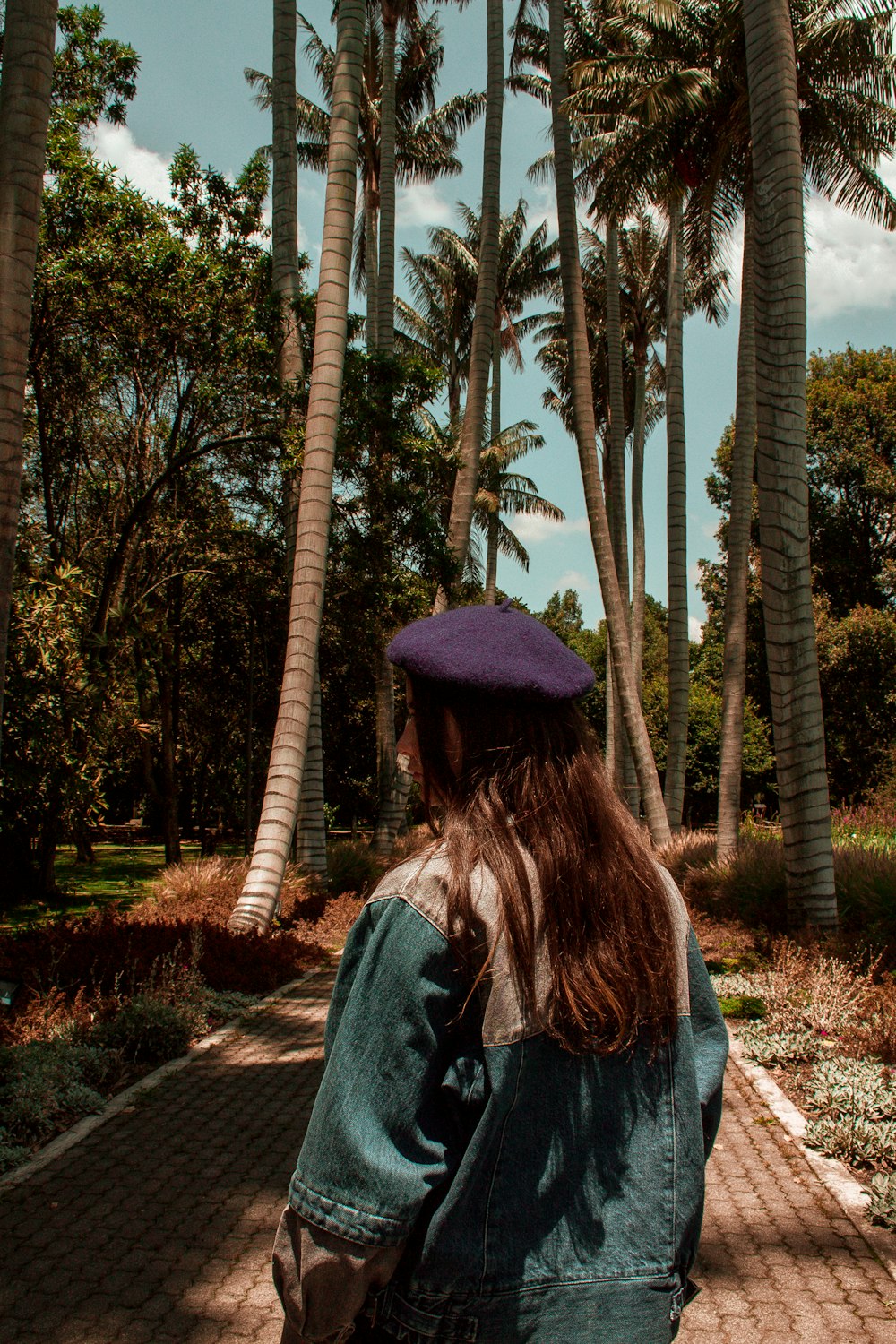 woman in blue denim jacket and black hat standing near palm trees during daytime