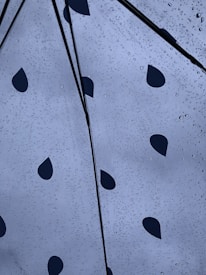 Raindrops cover the surface of an umbrella with a pattern of large, dark blue raindrop shapes. The background is a cloudy gray sky, and the image captures the translucence and texture of the wet umbrella fabric.