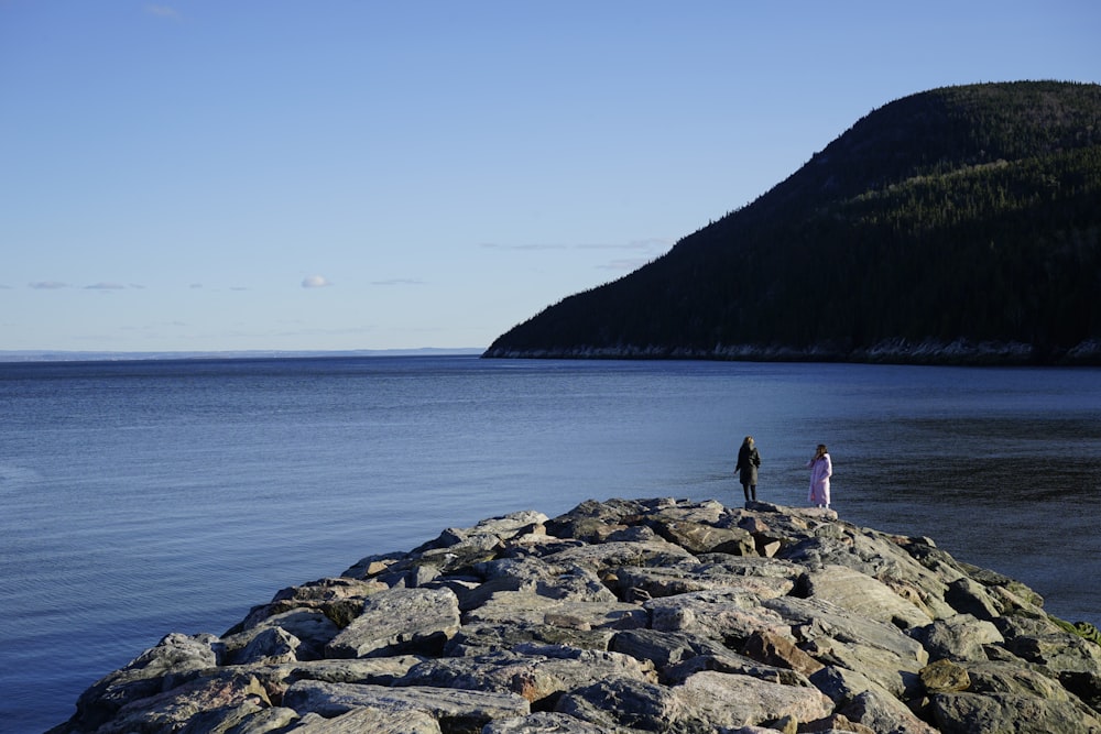 2 person standing on rock formation near body of water during daytime