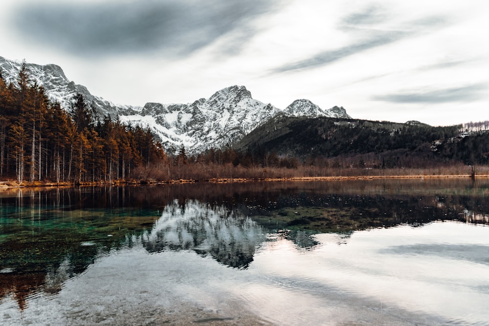 lake near snow covered mountain under cloudy sky during daytime