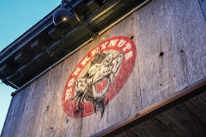 A rustic wooden sign features an illustration of a monkey surrounded by a red oval background, with the text 'MONKEYNUTS' written in a bold, curving font. The sign is mounted under a black metal lamp and is affixed to a weathered wooden surface.