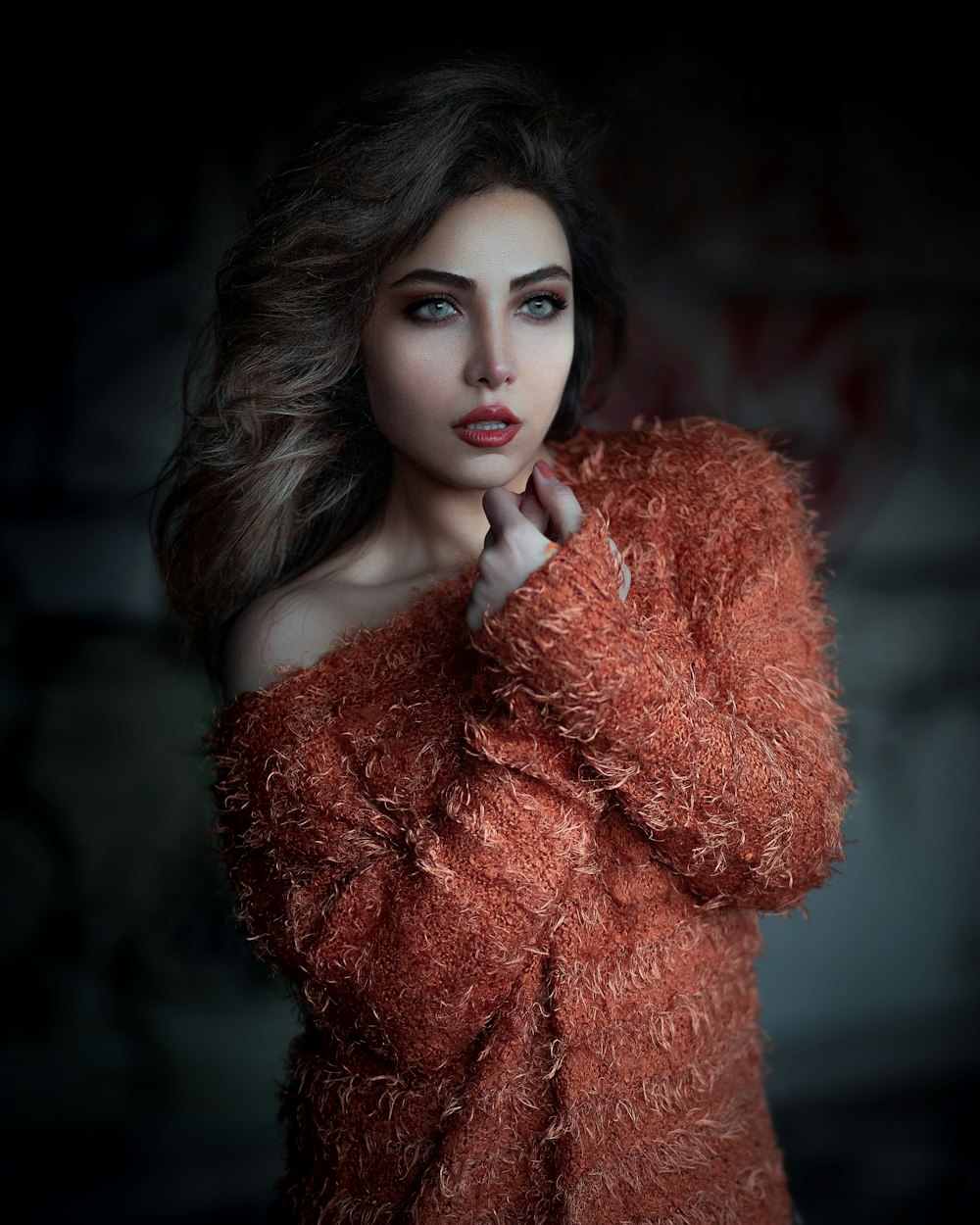 woman in red fur coat