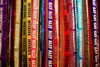 Colorful ribbons featuring words related to gender identity and sexual orientation hang vertically. Each ribbon displays labels like lesbian, bisexual, intersex, transgender, and ally, among others. The ribbons are in a vibrant array of shades, creating a rainbow effect.