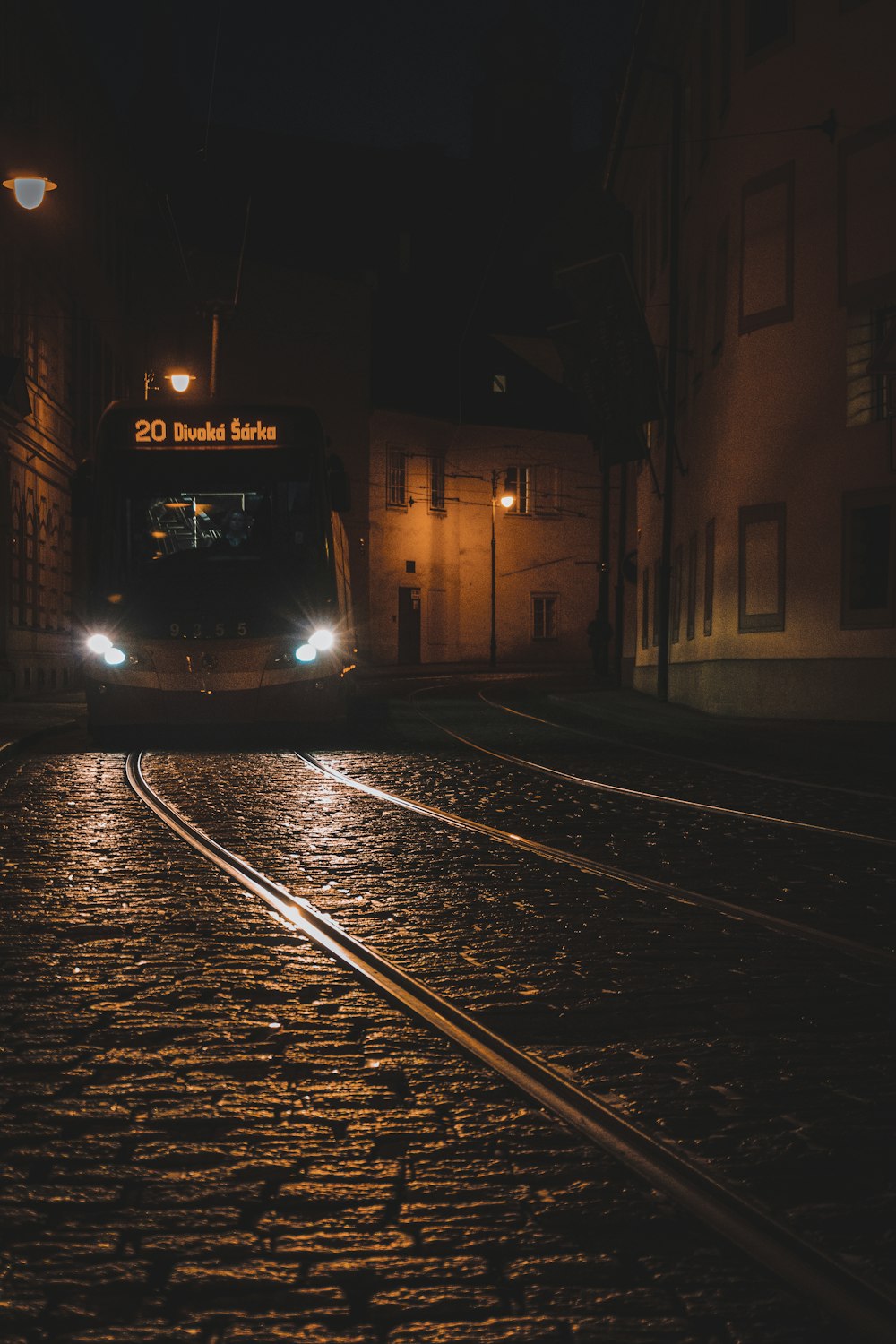 밤 시간 동안 거리의 한가운데있는 검은 기차