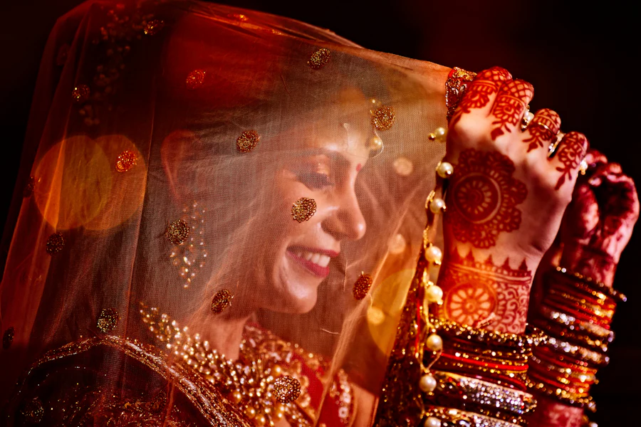 Red net bridal chunni with gold border