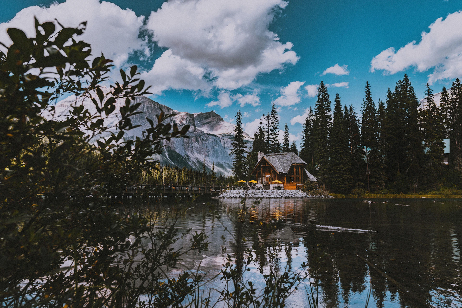 brown wooden house near green trees and mountain under white clouds and blue sky during daytime