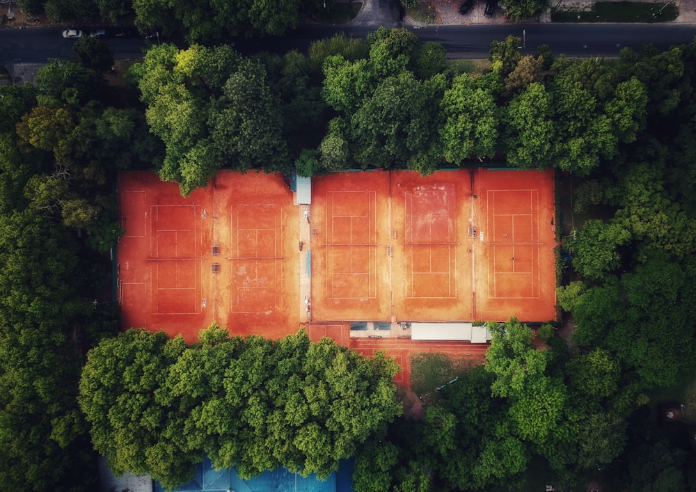 オレンジと温室の空中写真