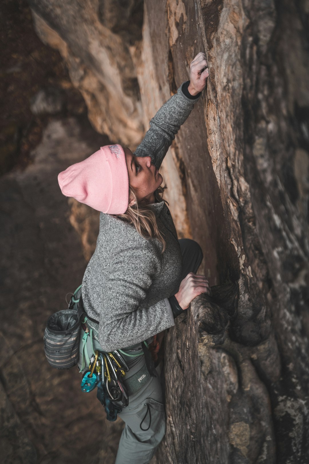 woman in gray sweater and pink knit cap sitting on brown tree trunk