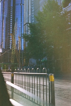 Tall skyscrapers with reflective glass windows rise above the city, interspersed with construction cranes. A roadway runs alongside a metal barrier, and a tram is visible in the street. Green trees provide some foliage amidst the urban landscape.