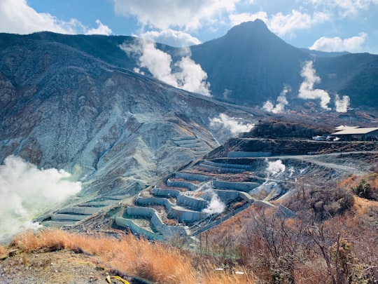 gray and white mountains under white clouds during daytime in Owakudani Japan