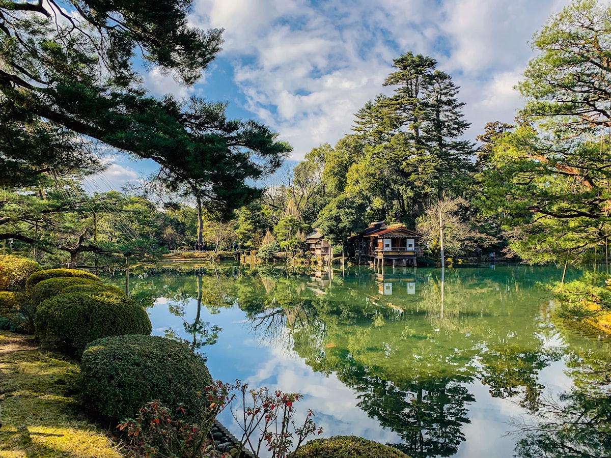Kenroku-en garden with lantern and water Kanazawa Japan