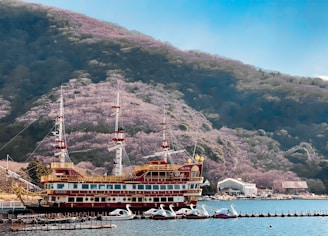 brown ship on sea near mountain during daytime