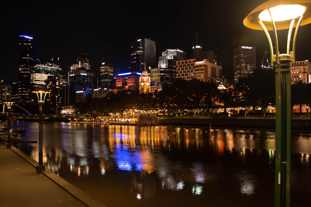 city skyline during night time