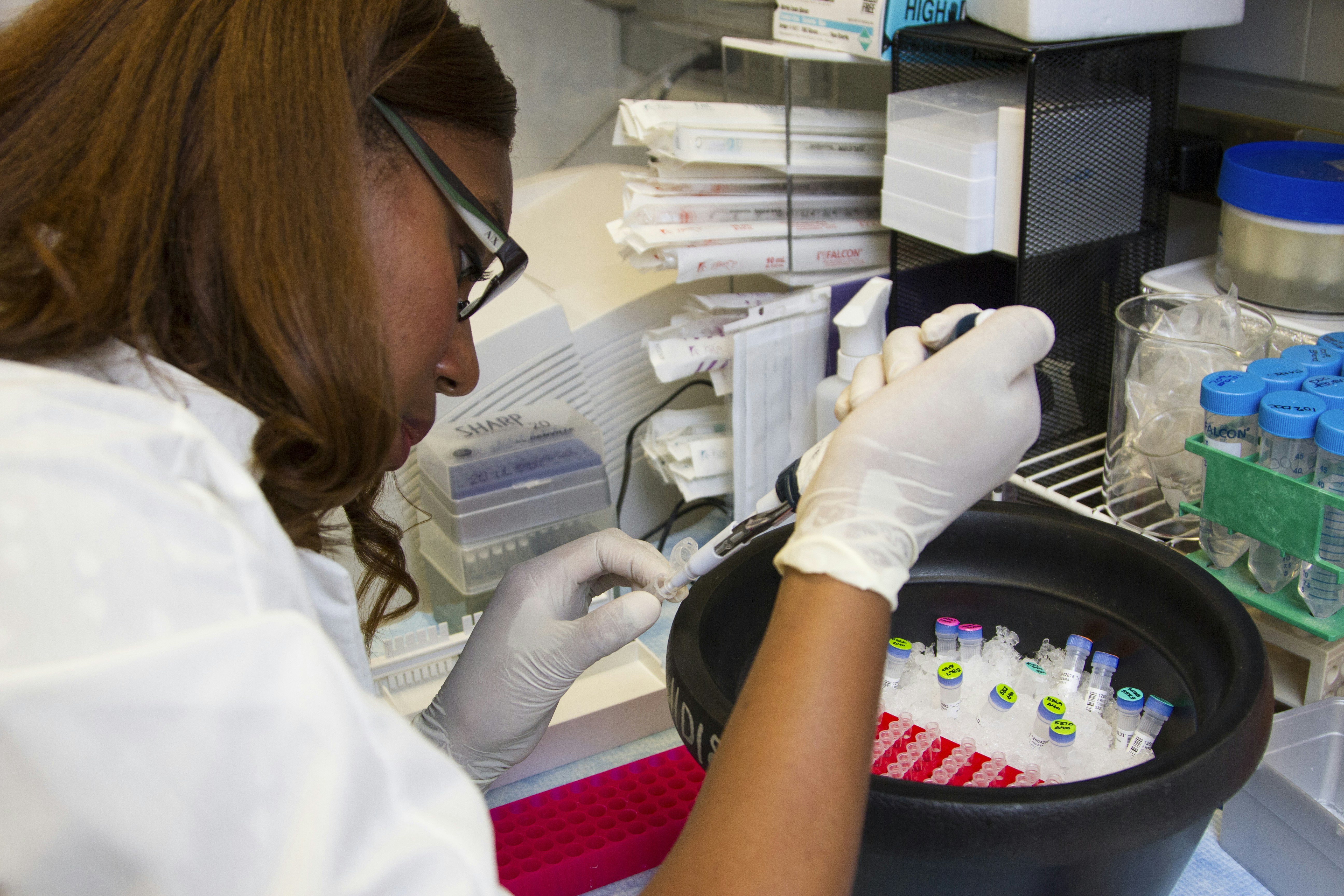 Chanelle Case Borden, Ph.D., a postdoctoral fellow in the National Cancer Institute's Experimental Immunology Branch, pipetting DNA samples into a tube for polymerase chain reaction, or PCR, a laboratory technique used to make multiple copies of a segment of DNA.