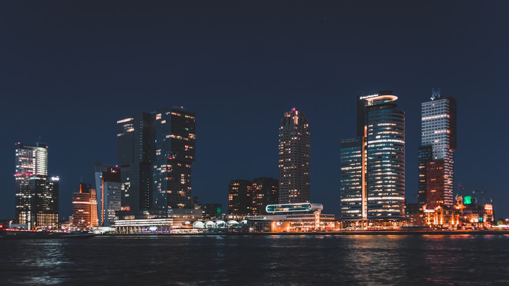 city skyline during night time