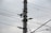 A utility pole is depicted with several electrical insulators and wires attached, set against a cloudy sky. The pole is composed of metal and features multiple cross-arms holding the insulators in place.