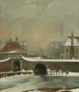 brown and white house near body of water painting