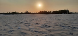 A vast sandy landscape stretches out with gentle undulations, capturing the texture of the sand beneath a setting sun. The horizon is lined with a silhouette of trees and a few sparse structures. The sky is a soft gradient of orange and yellow, enhancing the serene atmosphere.