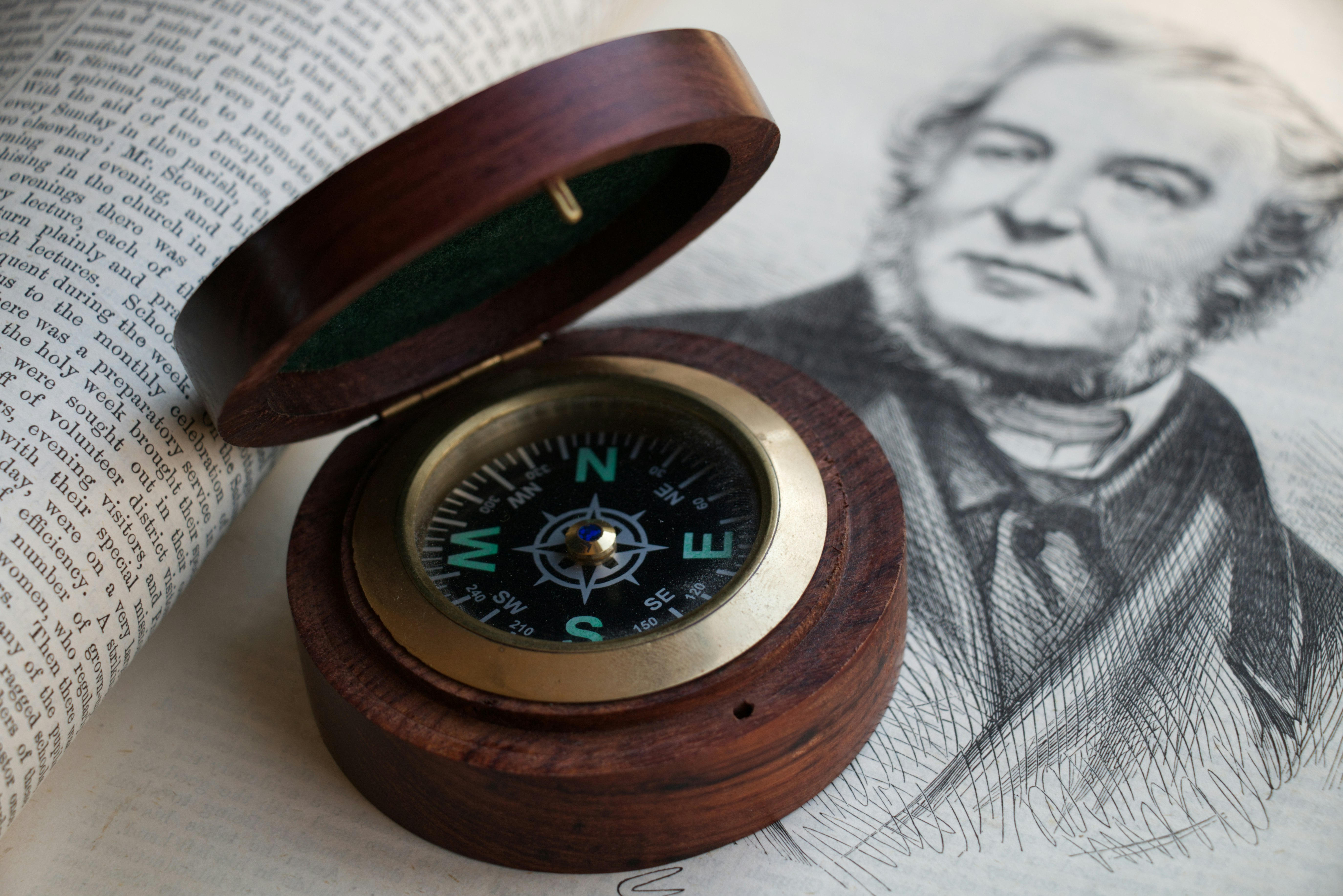 brown wooden framed compass on white textile