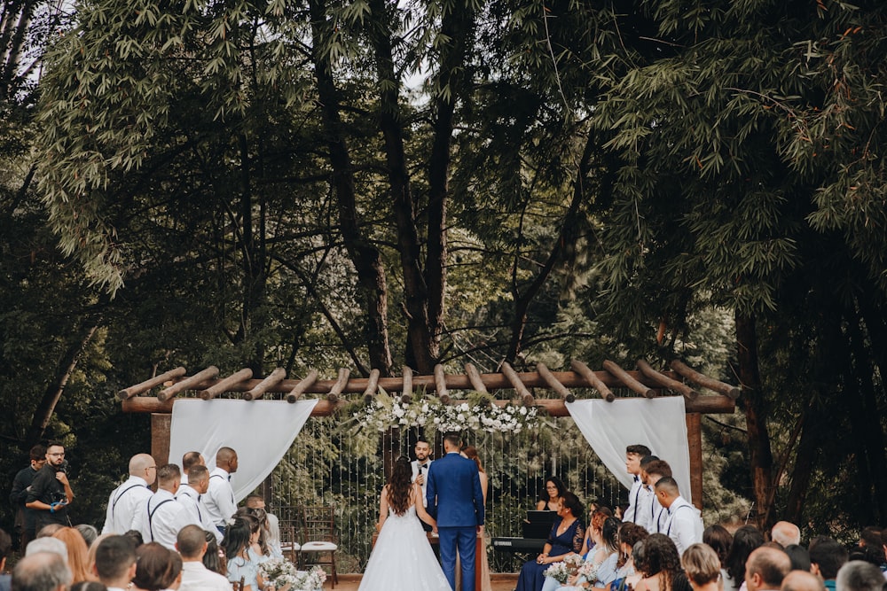 people sitting on white chairs under green trees during daytime