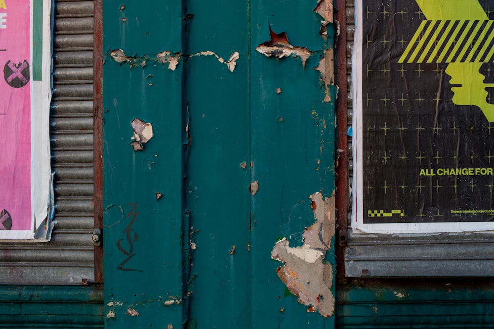 green wooden door with white wooden frame