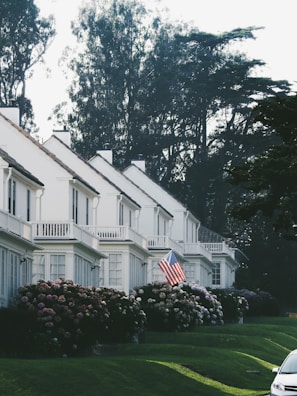 A row of white, two-story houses with gabled roofs is adorned by well-maintained gardens filled with hydrangea bushes. An American flag is prominently displayed in front of one house. Mature trees with dense foliage are visible in the background, creating a serene suburban setting. The lawn is neatly cut, and a car is partially visible on the right side of the image.