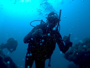 person in black wetsuit under water