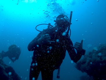 person in black wetsuit under water