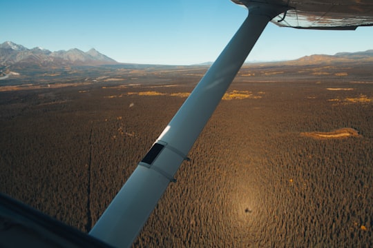 white and black plane wing over brown field during daytime in Yukon Canada